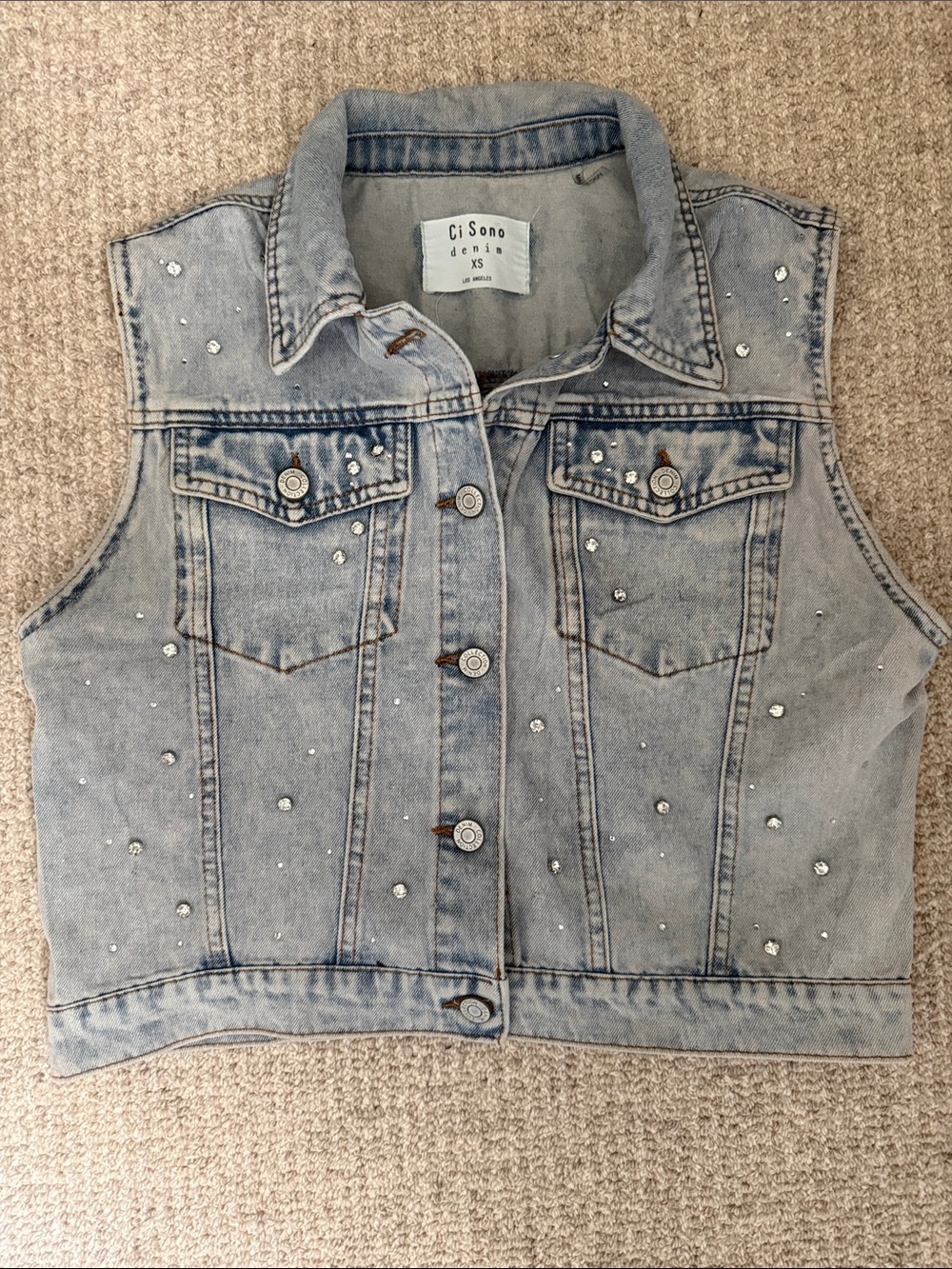 Ci Sono Light Blue Rhinestone Denim Vest
